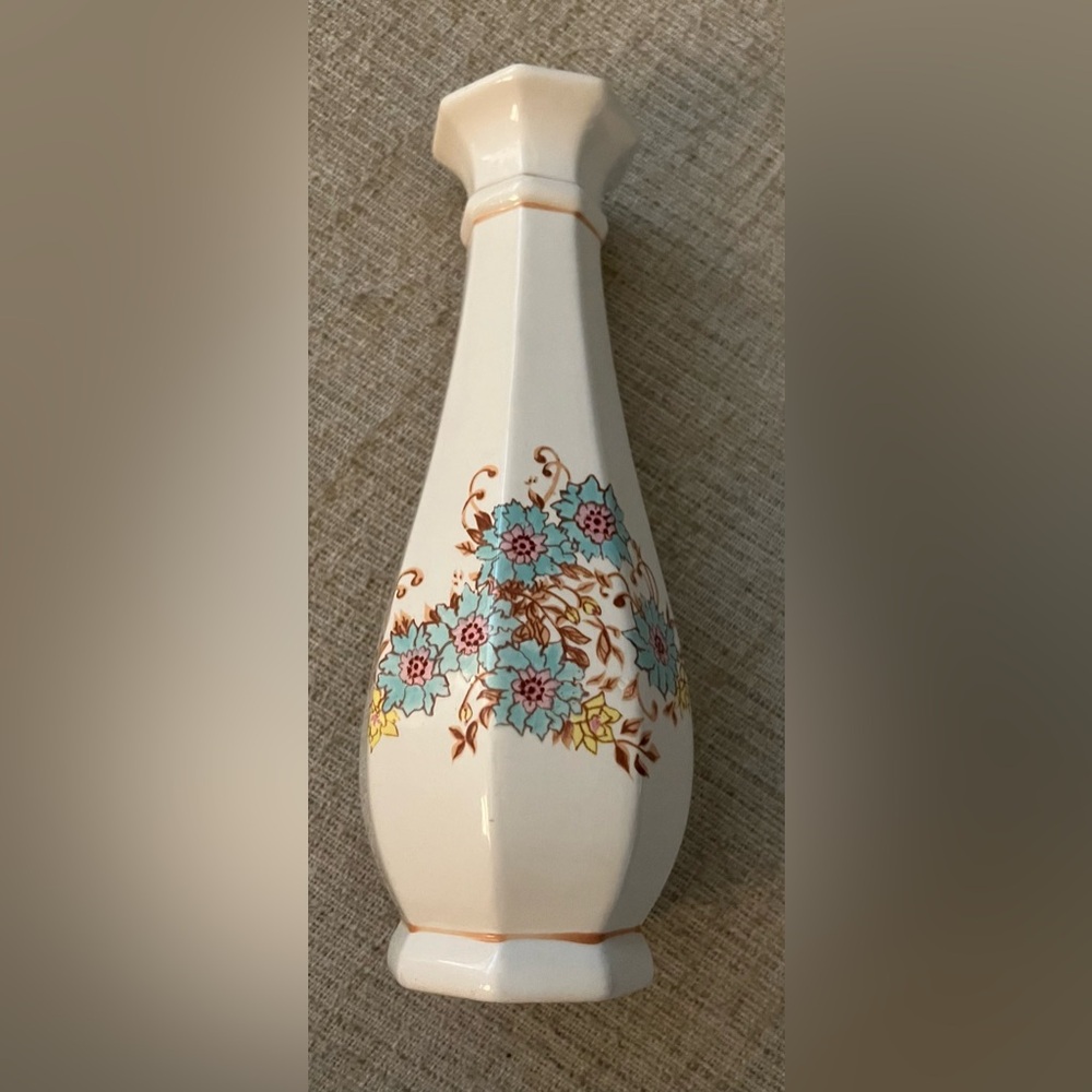 Vintage 1983 Floral Ceramic Vase with Blue and Yellow Accents